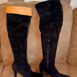 Anne Klein Thigh High Black Suede Boots with Tan Leather Fold Down